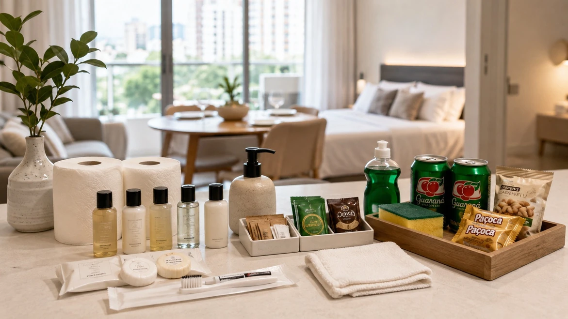A selection of amenities, toiletries and a welcome basket